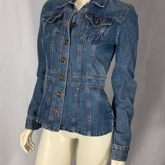 Vintage DKNY Jeans Denim Jacket Medium Y2K Mid Blue Peplum Trucker Womens - Picture 8 of 13